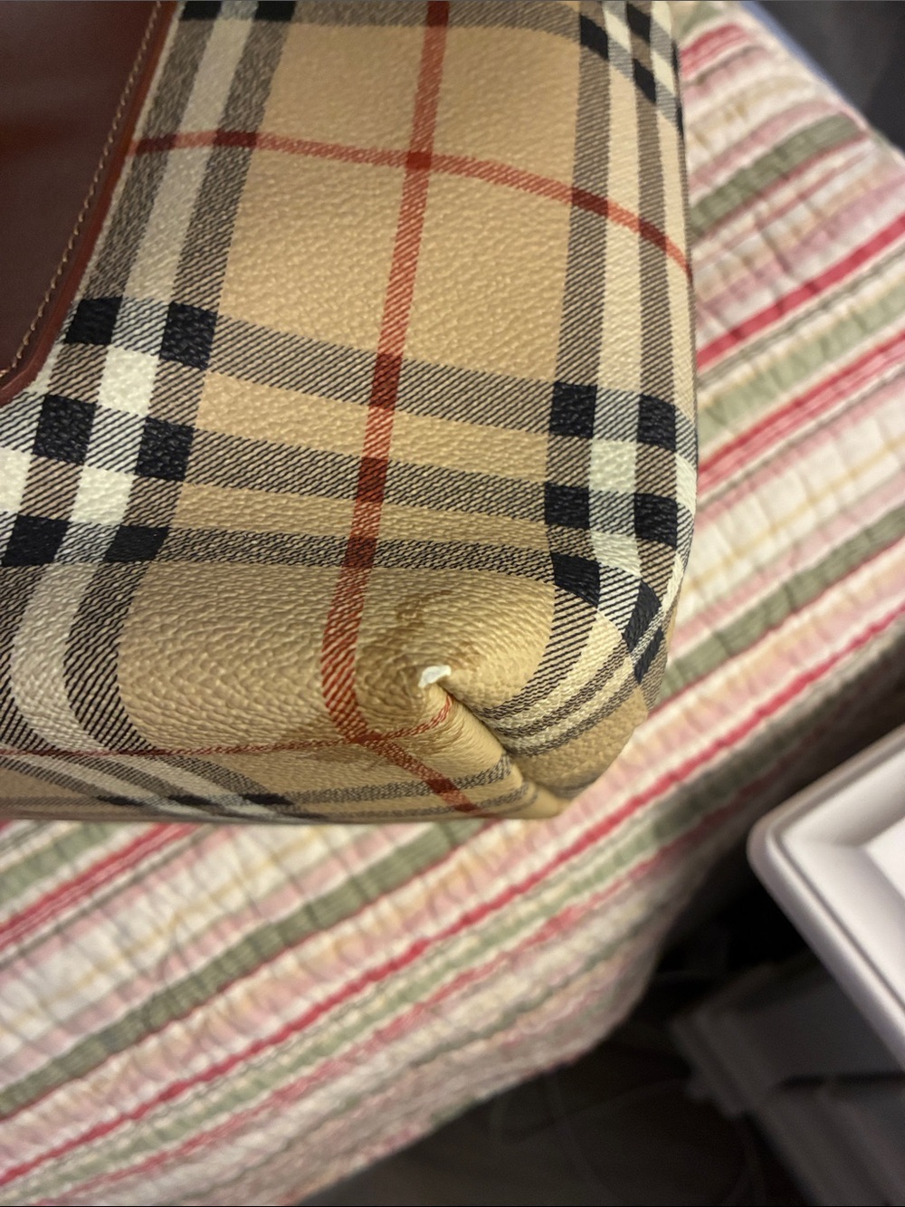 Burberry Beige Plaid Tote with Brown Leather Pocket - Picture 10 of 13